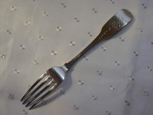 fork by Samuel Neville, Dublin hallmark, bearing Pilkington family crest