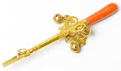 baby rattle / teether / whistle in gold and coral, France circa 1810