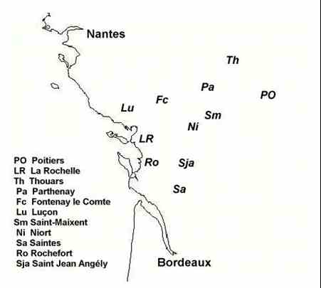 Paris, Bordeaux, Orlans and Douai in the map of France