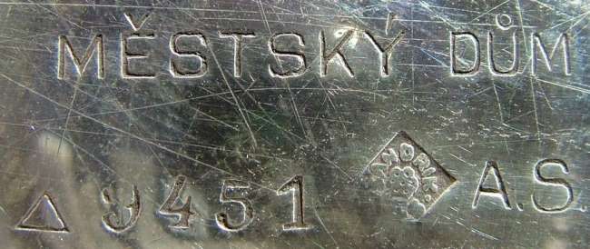 inscription in Czech 'MESTSK DUM' and  low-quality Sandrik silver-plating mark, set inside the rhomb