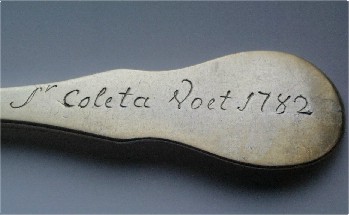 handle of cutlery 
belonged to 
Sister Coletta Voet 
died April 13th 1826
