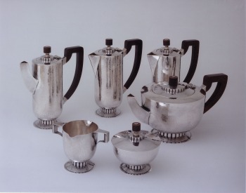 Coffee, chocolate and tea service 1947, Charles Boyton (1885-1958), London, England, sterling silver, wood 